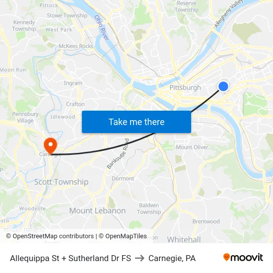 Allequippa St + Sutherland Dr FS to Carnegie, PA map
