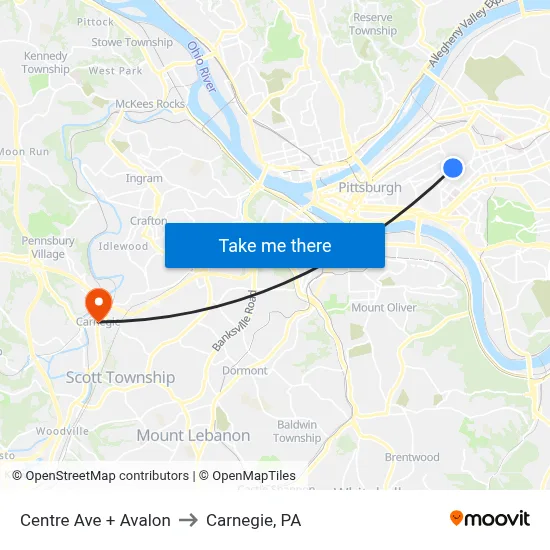 Centre Ave + Avalon to Carnegie, PA map