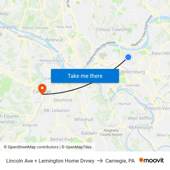 Lincoln Ave + Lemington Home Drvwy to Carnegie, PA map