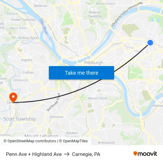 Penn Ave + Highland Ave to Carnegie, PA map