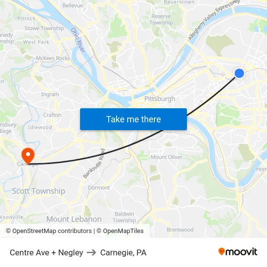 Centre Ave + Negley to Carnegie, PA map