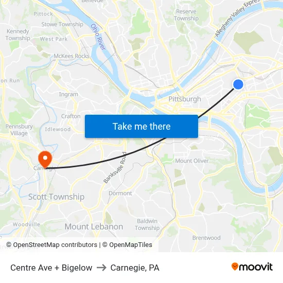 Centre Ave + Bigelow to Carnegie, PA map