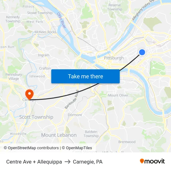 Centre Ave + Allequippa to Carnegie, PA map