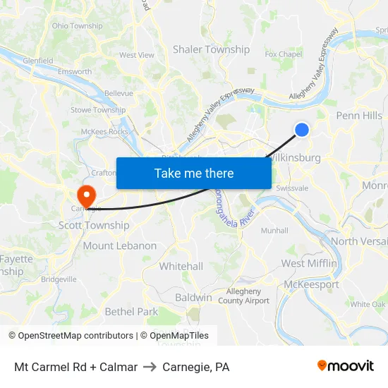Mt Carmel Rd + Calmar to Carnegie, PA map