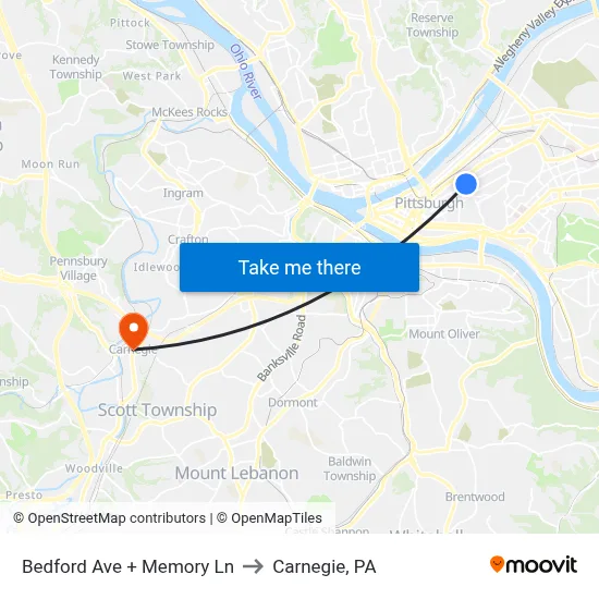 Bedford Ave + Memory Ln to Carnegie, PA map