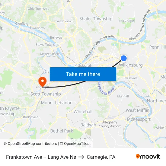 Frankstown Ave + Lang Ave Ns to Carnegie, PA map