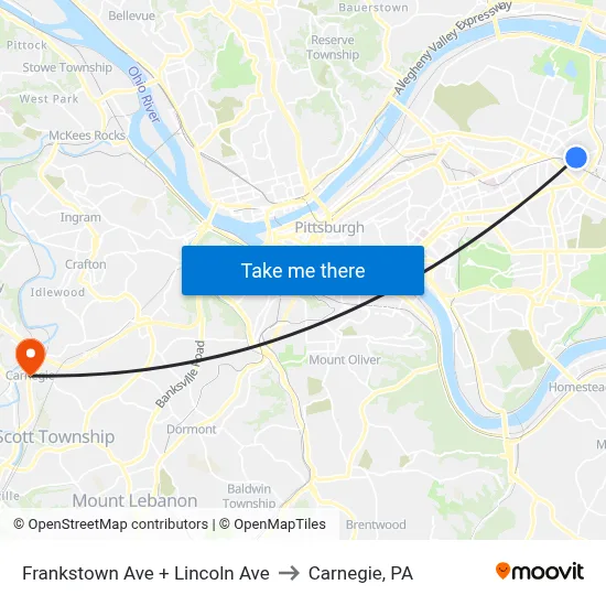 Frankstown Ave + Lincoln Ave to Carnegie, PA map