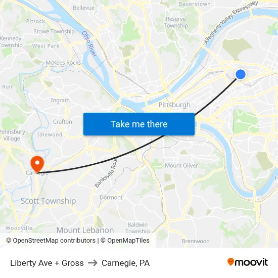 Liberty Ave + Gross to Carnegie, PA map