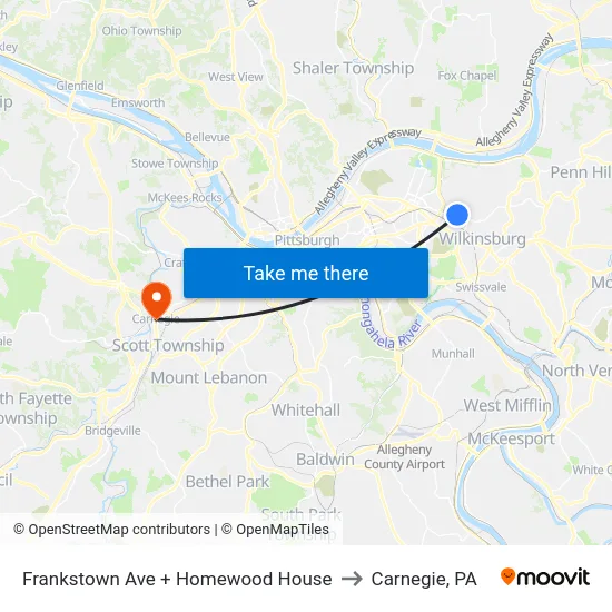 Frankstown Ave + Homewood House to Carnegie, PA map