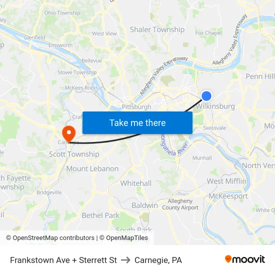 Frankstown Ave + Sterrett St to Carnegie, PA map