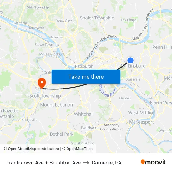 Frankstown Ave + Brushton Ave to Carnegie, PA map