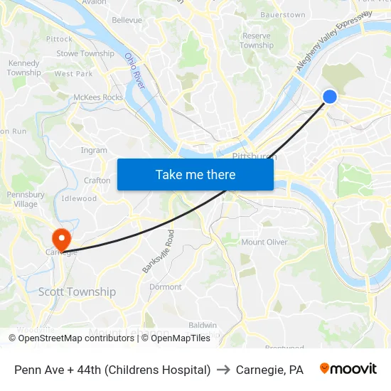 Penn Ave + 44th (Childrens Hospital) to Carnegie, PA map