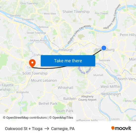 Oakwood St + Tioga to Carnegie, PA map