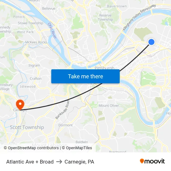 Atlantic Ave + Broad to Carnegie, PA map