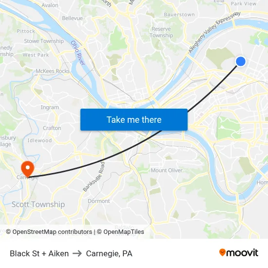 Black St + Aiken to Carnegie, PA map