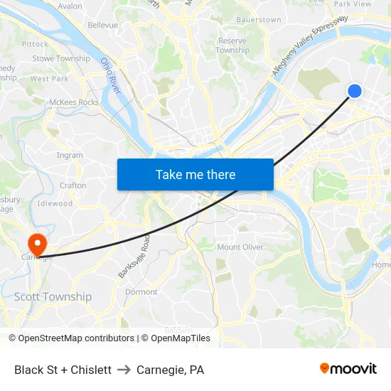 Black St + Chislett to Carnegie, PA map