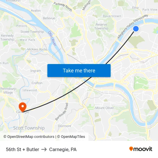 56th St + Butler to Carnegie, PA map