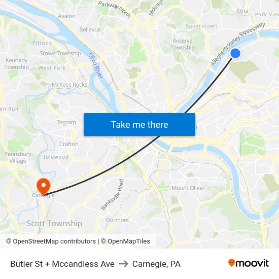 Butler St + Mccandless Ave to Carnegie, PA map
