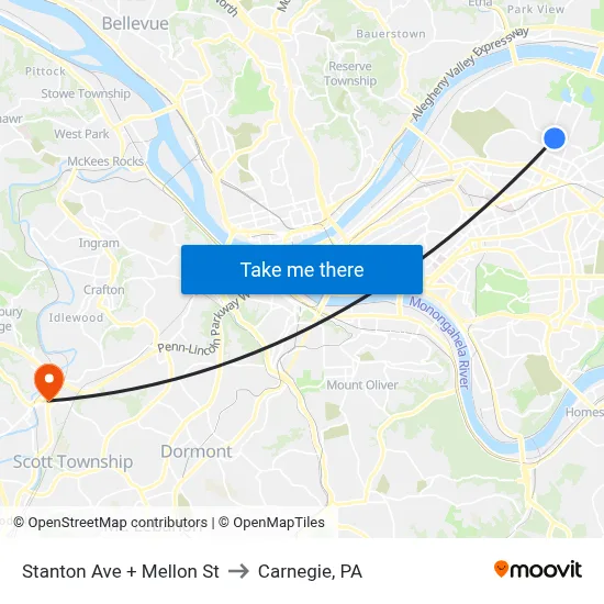Stanton Ave + Mellon St to Carnegie, PA map