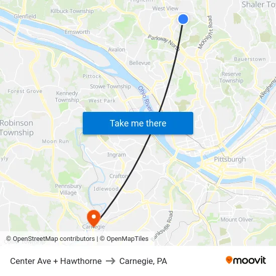 Center Ave + Hawthorne to Carnegie, PA map