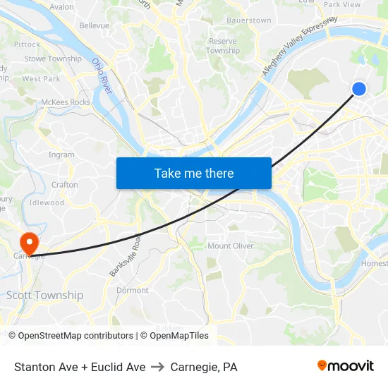 Stanton Ave + Euclid Ave to Carnegie, PA map