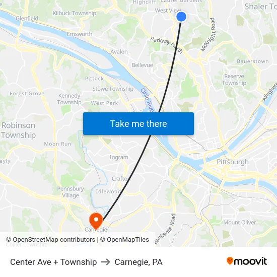 Center Ave + Township to Carnegie, PA map