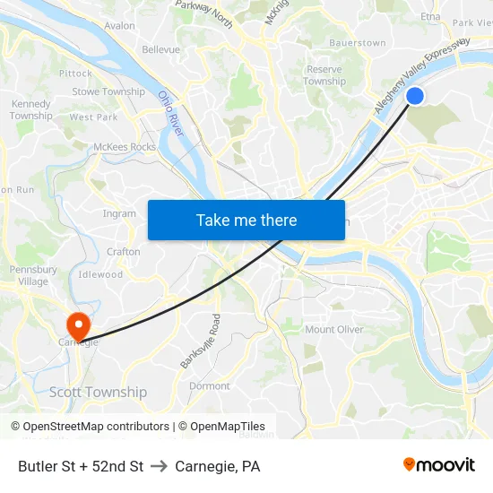 Butler St + 52nd St to Carnegie, PA map
