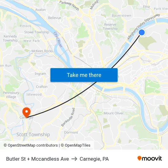 Butler St + Mccandless Ave to Carnegie, PA map