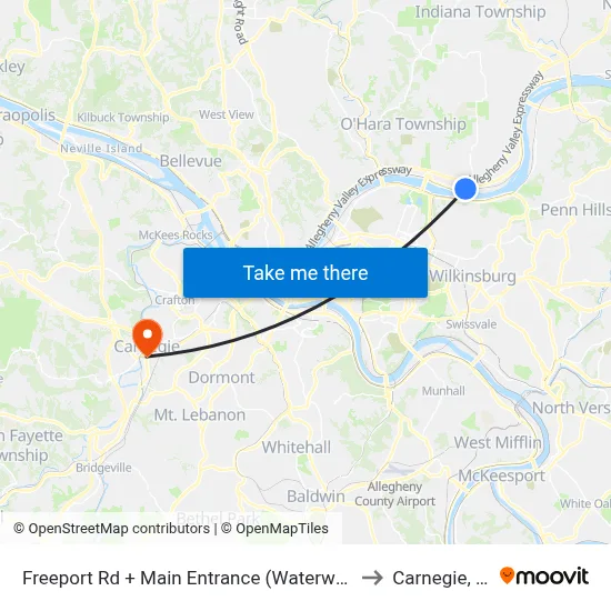 Freeport Rd + Main Entrance (Waterworks) to Carnegie, PA map