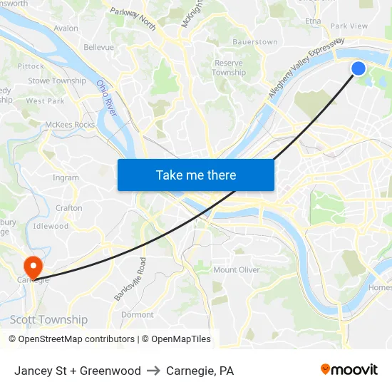 Jancey St + Greenwood to Carnegie, PA map