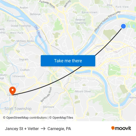 Jancey St + Vetter to Carnegie, PA map