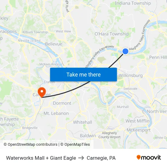 Waterworks Mall + Giant Eagle to Carnegie, PA map