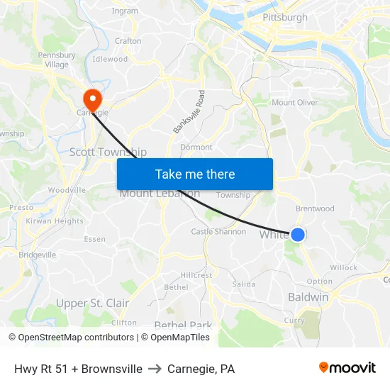 Hwy Rt 51 + Brownsville to Carnegie, PA map