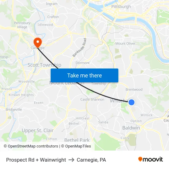 Prospect Rd + Wainwright to Carnegie, PA map