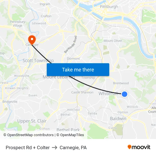 Prospect Rd + Colter to Carnegie, PA map