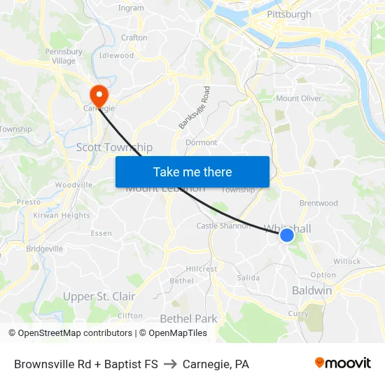 Brownsville Rd + Baptist FS to Carnegie, PA map