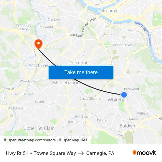 Hwy Rt 51 + Towne Square Way to Carnegie, PA map