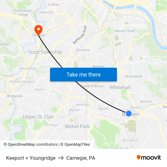 Keeport + Youngridge to Carnegie, PA map