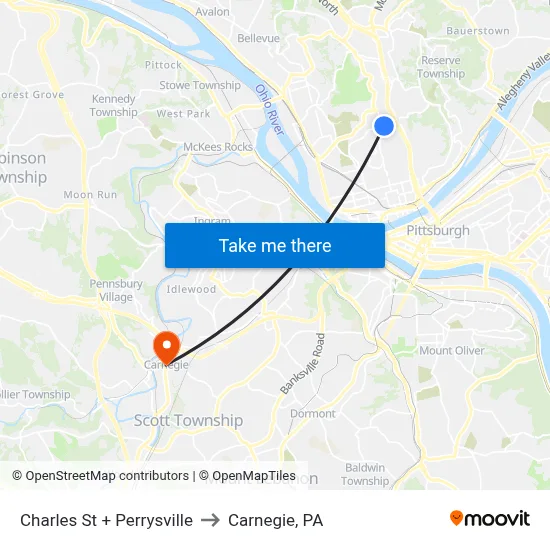 Charles St + Perrysville to Carnegie, PA map