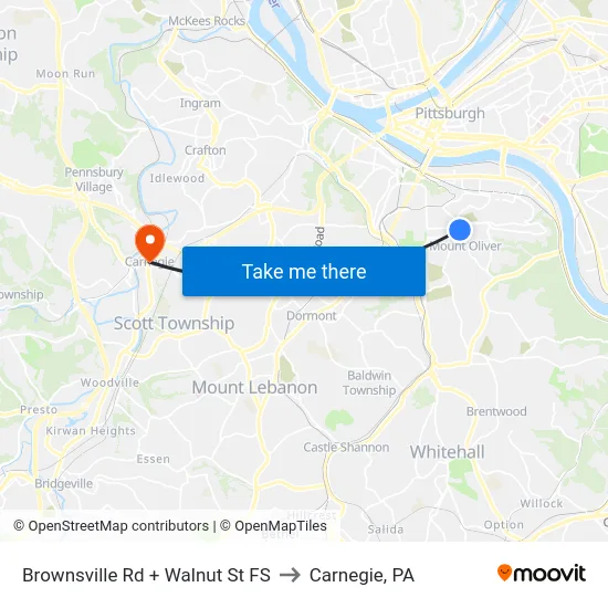 Brownsville Rd + Walnut St FS to Carnegie, PA map