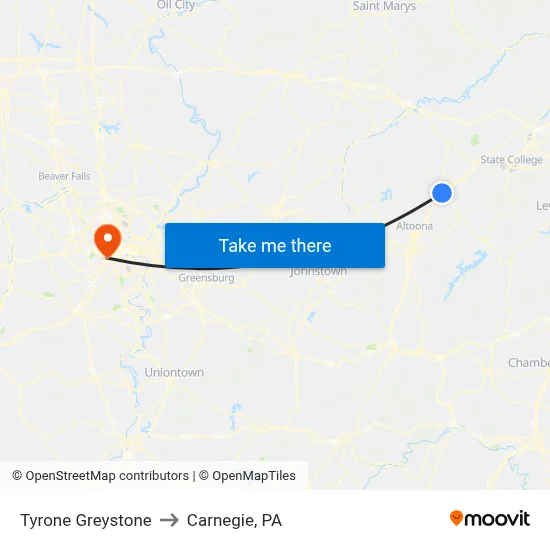 Tyrone Greystone to Carnegie, PA map
