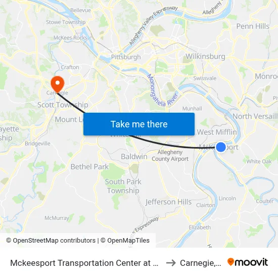 Mckeesport Transportation Center at Bay #2 to Carnegie, PA map
