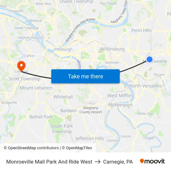 Monroeville Mall Park And Ride West to Carnegie, PA map