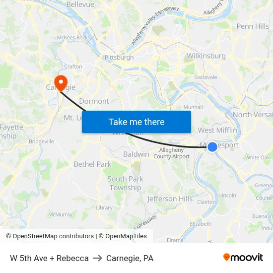 W 5th Ave + Rebecca to Carnegie, PA map