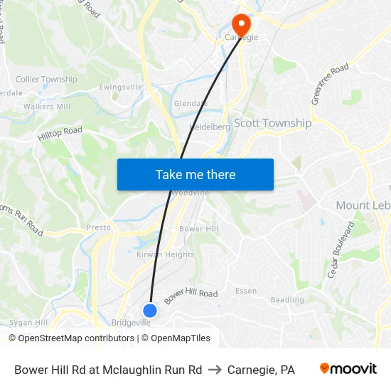 Bower Hill Rd at Mclaughlin Run Rd to Carnegie, PA map