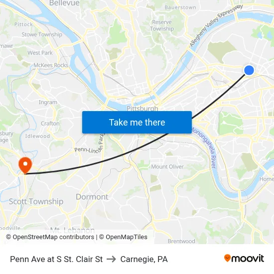 Penn Ave at S St. Clair St to Carnegie, PA map