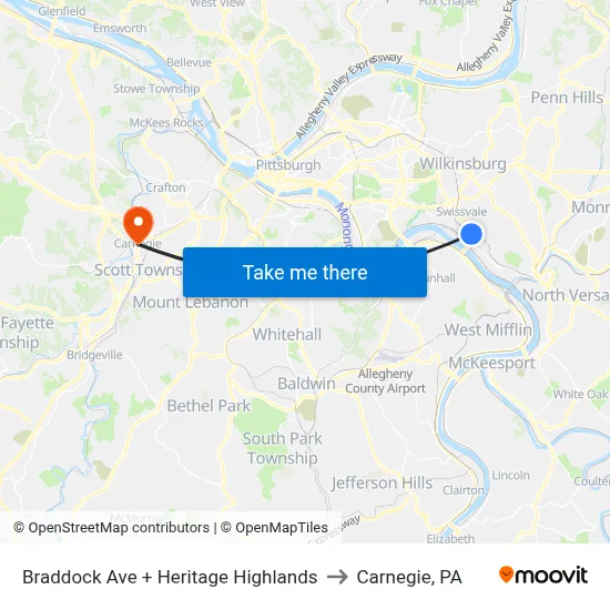 Braddock Ave + Heritage Highlands to Carnegie, PA map