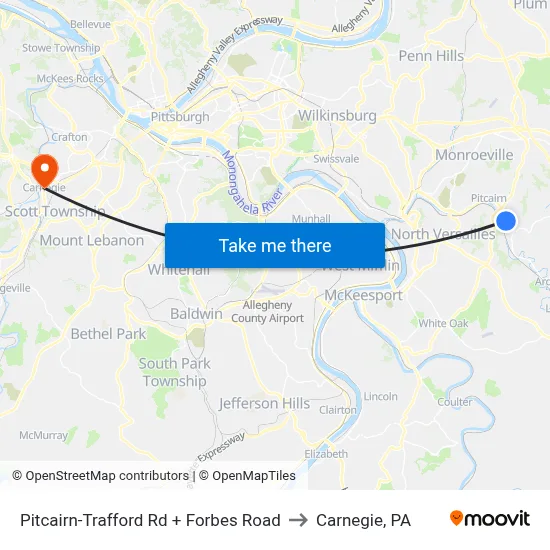 Pitcairn-Trafford Rd + Forbes Road to Carnegie, PA map