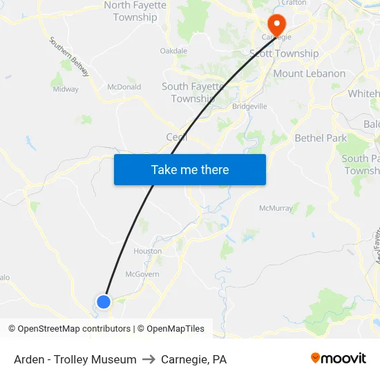 Arden - Trolley Museum to Carnegie, PA map