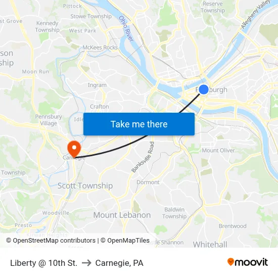 Liberty @ 10th St. to Carnegie, PA map